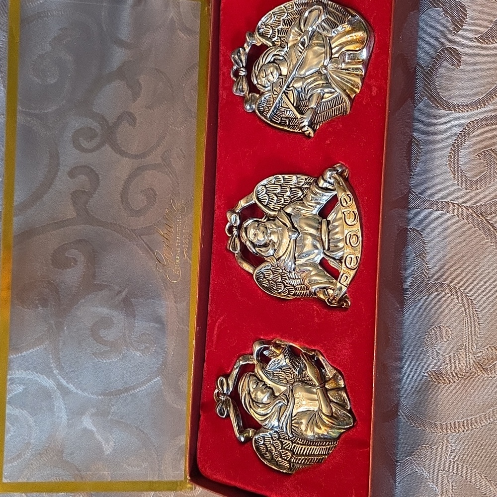 Gorham Set of 3 Silverplated Angel Christmas Ornaments W/ Red Ribbons